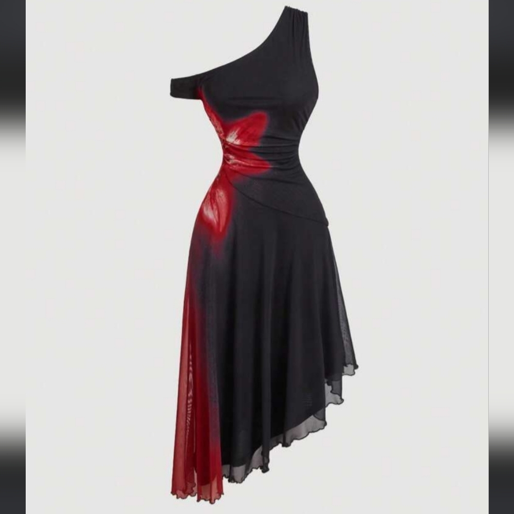 One-Shoulder Black and Red Floral Accent Dress